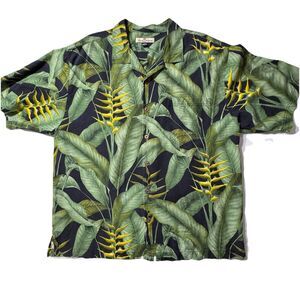 Tommy Bahama Men's Size XL 100% Silk Floral & Palm Tree Print Green Camp Shirt